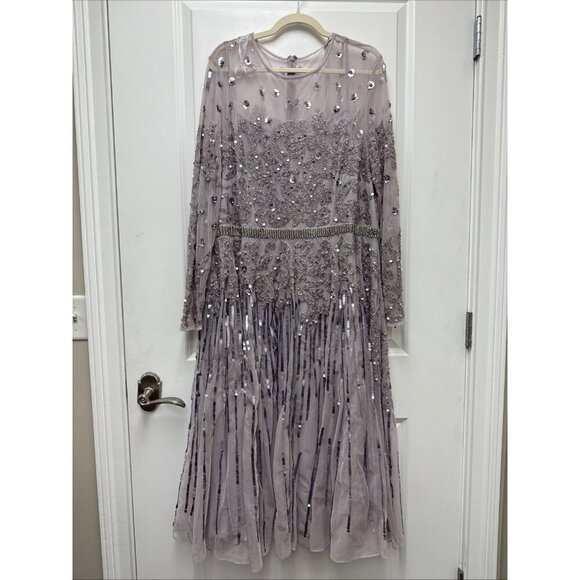 Mac Duggal Size 20 Purple 93633 Long Sleeve Sequin Beaded Midi Cocktail Dress - Picture 4 of 14